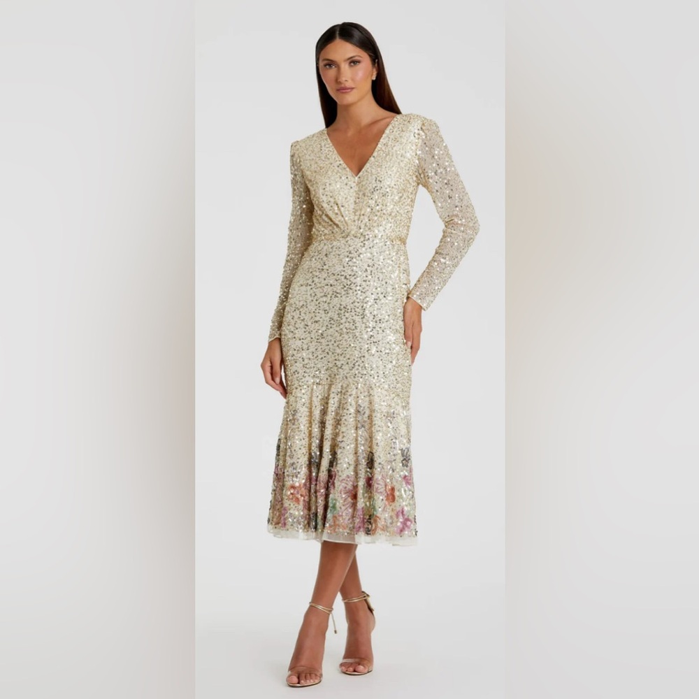 MAC DUGGAL
Gold Multicolor Faux Wrap Long Sleeve Tea Length Dress